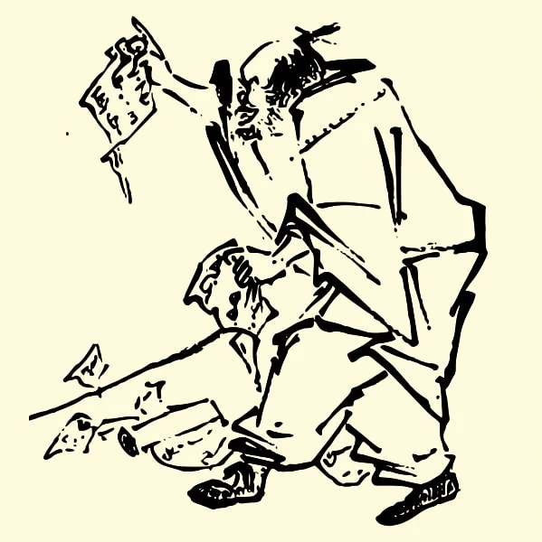 Zeichnung von Huìnéng (6. Patriarch des Chán Buddhismus), der Sutren von Liáng Kǎi zerreißt. Quelle: Wikipedia