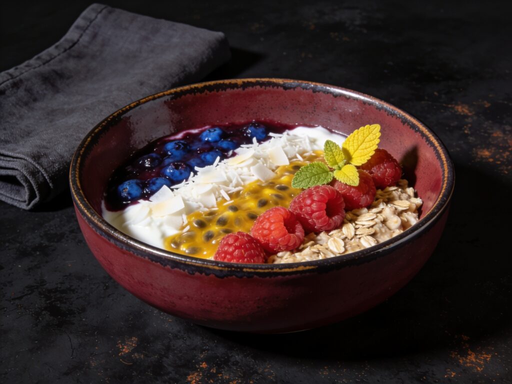Blaubeer-Passionsfrucht Oats mit Himbeeren (Bild mit KI erstellt (Seedream 4.5))