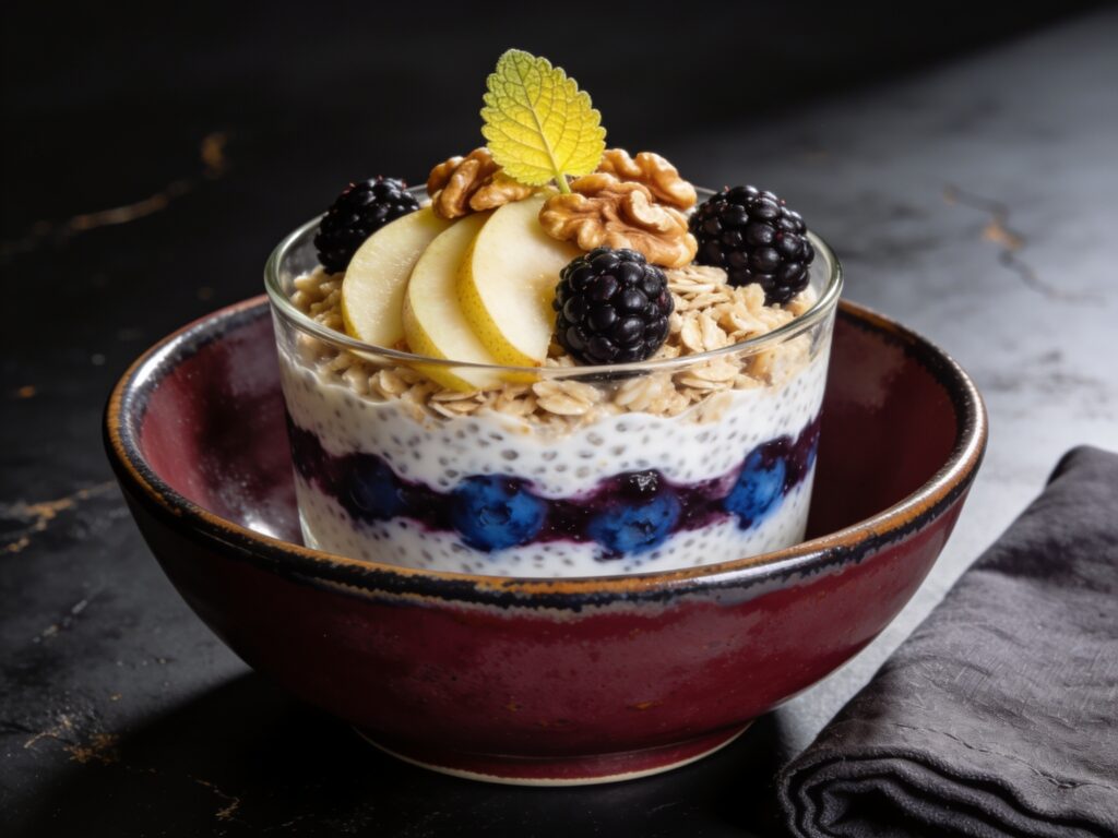Kokos-Chia-Pudding mit Birnen-Oats und Brombeeren (Bild mit KI erstellt (Seedream 4.5))
