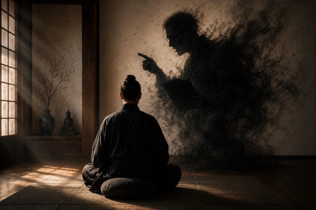 Illustration: Ein Mensch sitzt still auf einem Meditationskissen, an der Wand erscheint die Schattengestalt eines strengen Richters mit Klemmbrett