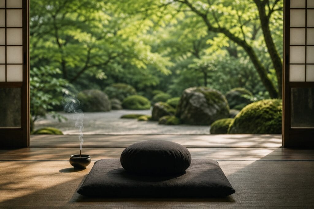 Illustration: Ein dunkles Meditationskissen vor der offenen Schiebetür zu einem grünen Zen-Garten, daneben steigt Rauch aus einer Räucherschale