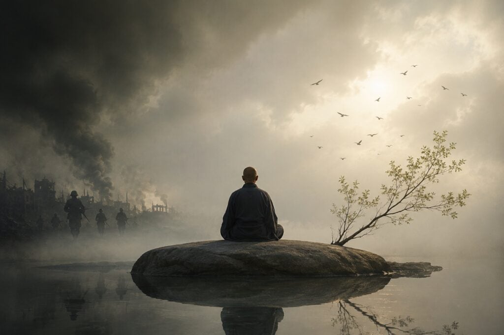 Ein Mensch sitzt im Zazen auf einem Felsen im Wasser, links ziehen Soldaten durch eine zerstörte Stadt im Nebel, rechts fliegen Vögel vor hellem Himmel neben einem blühenden Zweig