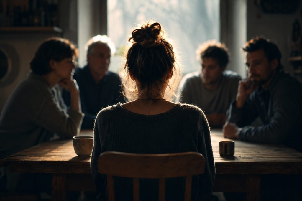 Eine Frau von hinten am Familientisch, ihr gegenüber vier Familienmitglieder im Gegenlicht des Fensters