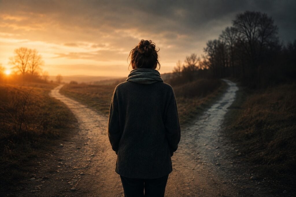 Eine Frau steht in der Abenddämmerung an einer Weggabelung, links führt der Weg ins Licht, rechts ins Dunkle.