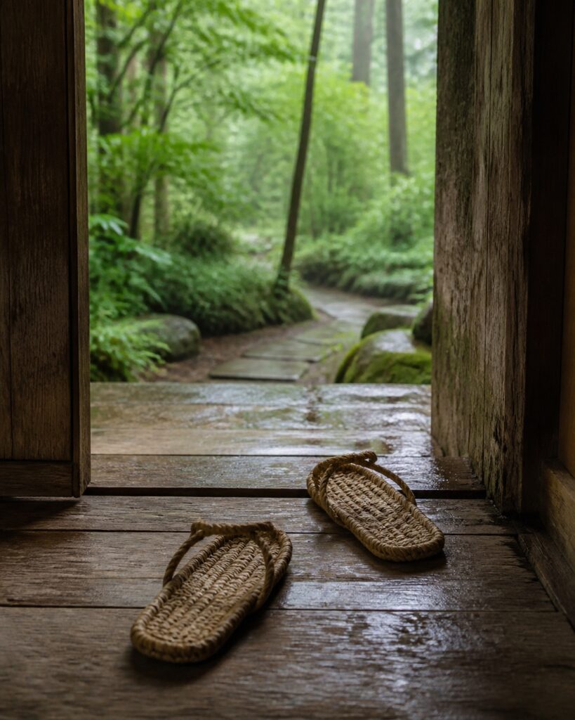Ein Paar Strohsandalen steht auf der Schwelle einer offenen Tempeltür, davor führt ein Steinweg in den regennassen Wald.