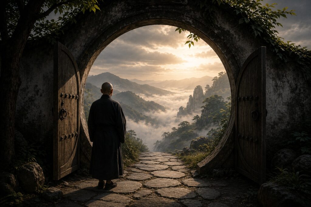 Ein Mönch steht in einem runden Mondtor, dahinter fällt der Blick über neblige Bergketten.