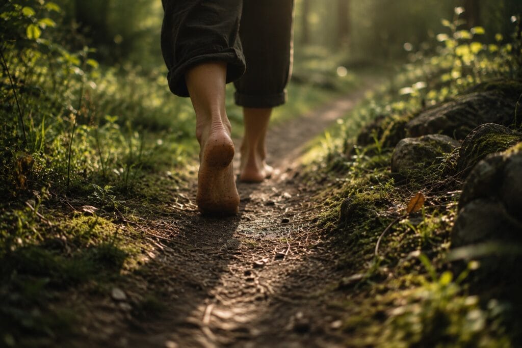 Barfüße gehen auf einem schmalen Waldweg, das Licht fällt schräg durch die Bäume.