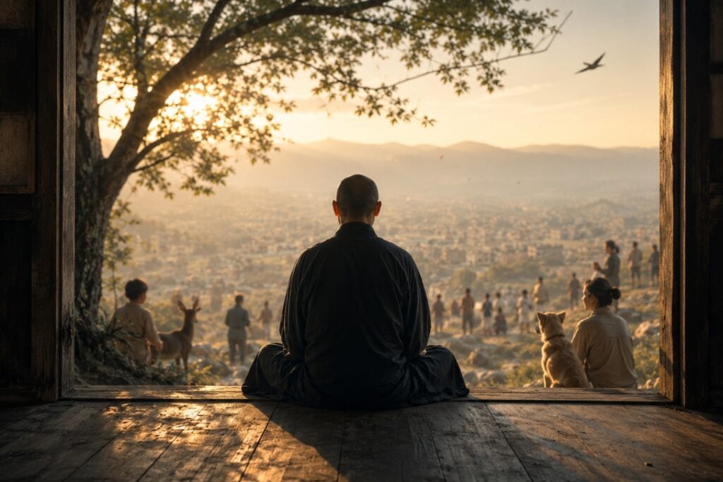 Ein Mensch sitzt im Zazen unter einem Baum auf einer Holzveranda und blickt im Morgenlicht über eine weite Stadt, um ihn stehen Menschen, ein Reh und ein Hund