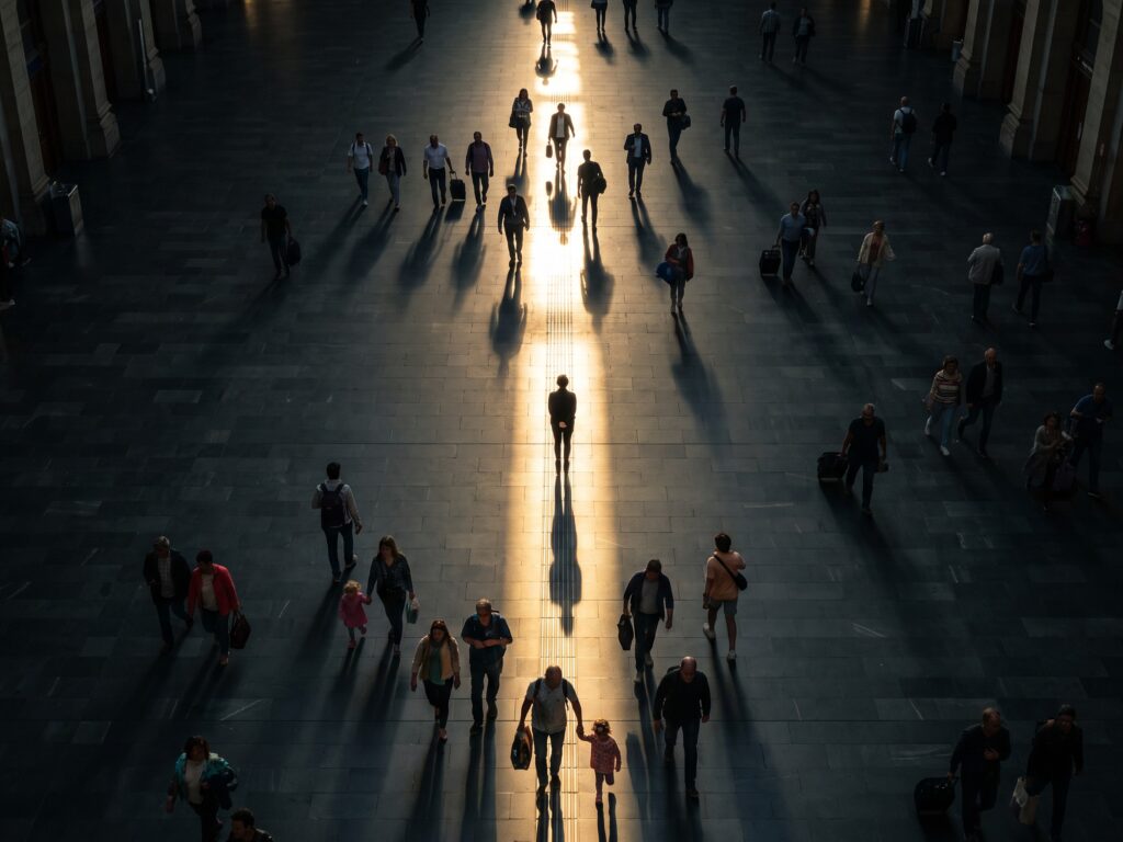 Von oben gesehen, gehen viele Menschen durch eine dunkle Bahnhofshalle, lange Schatten fallen über den Steinboden. In einem schmalen Sonnenstreifen in der Mitte bleibt ein einzelner Mensch aufrecht stehen.