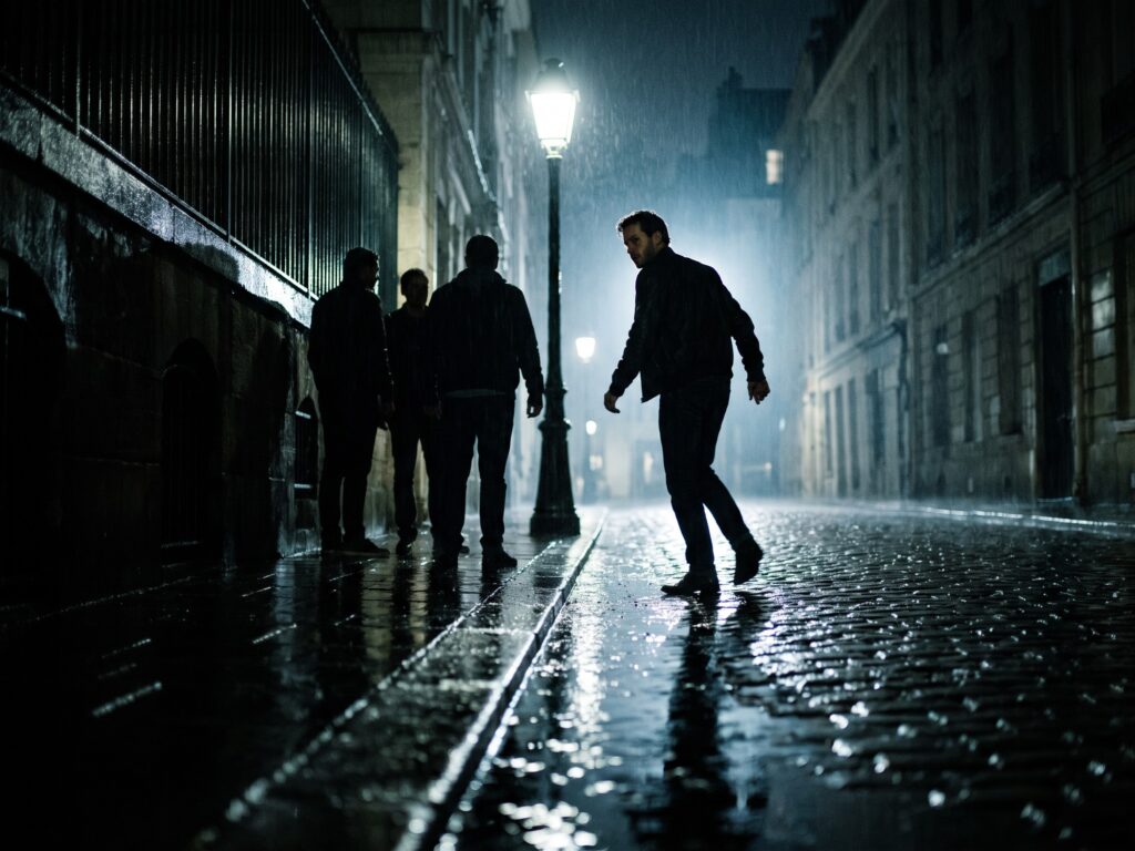 Bei Nacht steht eine kleine Gruppe unter einer Straßenlaterne auf regennassem Pflaster, ein Mann löst sich aus dem Kreis und dreht sich im Gehen noch einmal zu den anderen um.