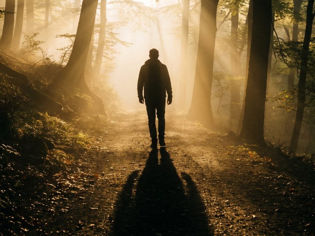 Ein Mensch geht im Gegenlicht einen nebligen Waldweg hinauf, sein langer Schatten fällt vor ihm auf den Weg.
