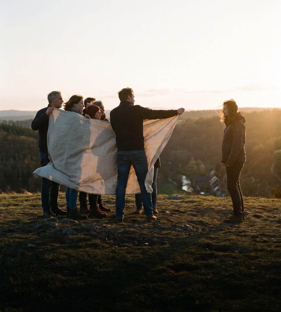 Eine Gruppe von Menschen hält auf einer Anhöhe im Abendlicht ein großes Leinentuch gegen den Wind, wenige Schritte daneben steht eine einzelne Person außerhalb des Tuchs.