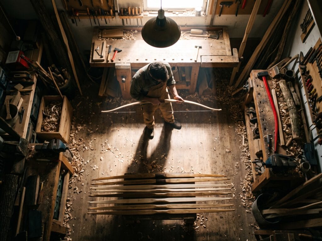 Von oben gesehen hält ein Mann in einer Bogenwerkstatt einen Bogen vor sich, im Licht einer Hängelampe, während vor ihm auf dem Holzboden acht fertige Bögen nebeneinander liegen.