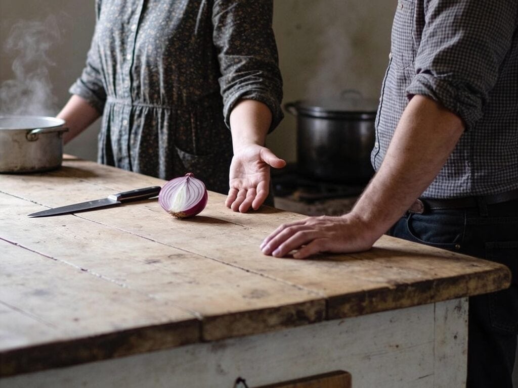Zwei erwachsene Menschen stehen leicht versetzt an einem alten Holztisch in einer Küche. Eine offene Hand liegt ruhig auf der Tischplatte, daneben eine halbierte rote Zwiebel und ein flach abgelegtes Messer.