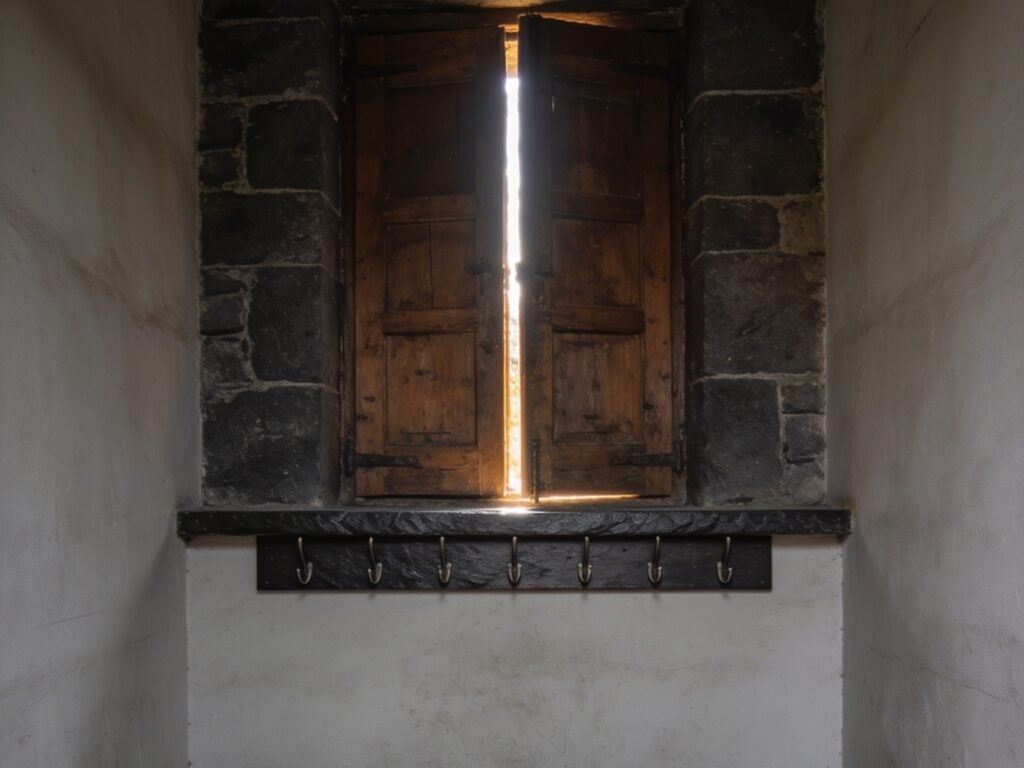 Eine geschlossene zweiflügelige Holztür in einer Steinnische, zwischen den Flügeln fällt ein schmaler Lichtstreifen herein.