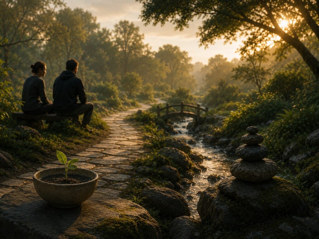 Ein steinerner Weg führt in warmem Abendlicht über eine kleine Brücke durch einen Garten.
