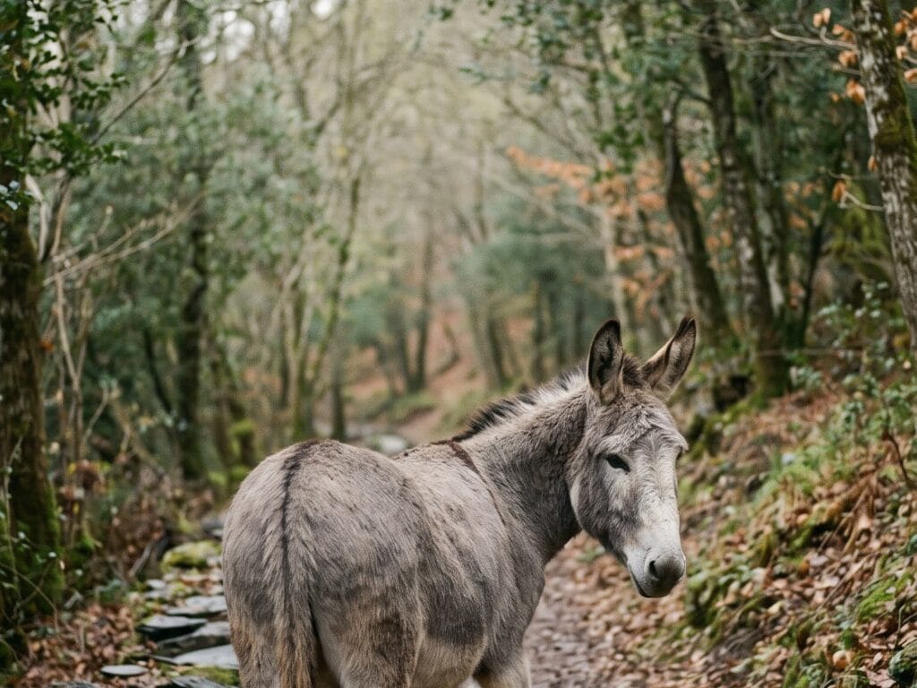 Ein alter grauer Esel steht ruhig auf einem schmalen Waldweg mit feuchtem Laub und blickt seitlich zurück. Um ihn herum kahle Bäume und bemooste Steine im weichen Morgenlicht.