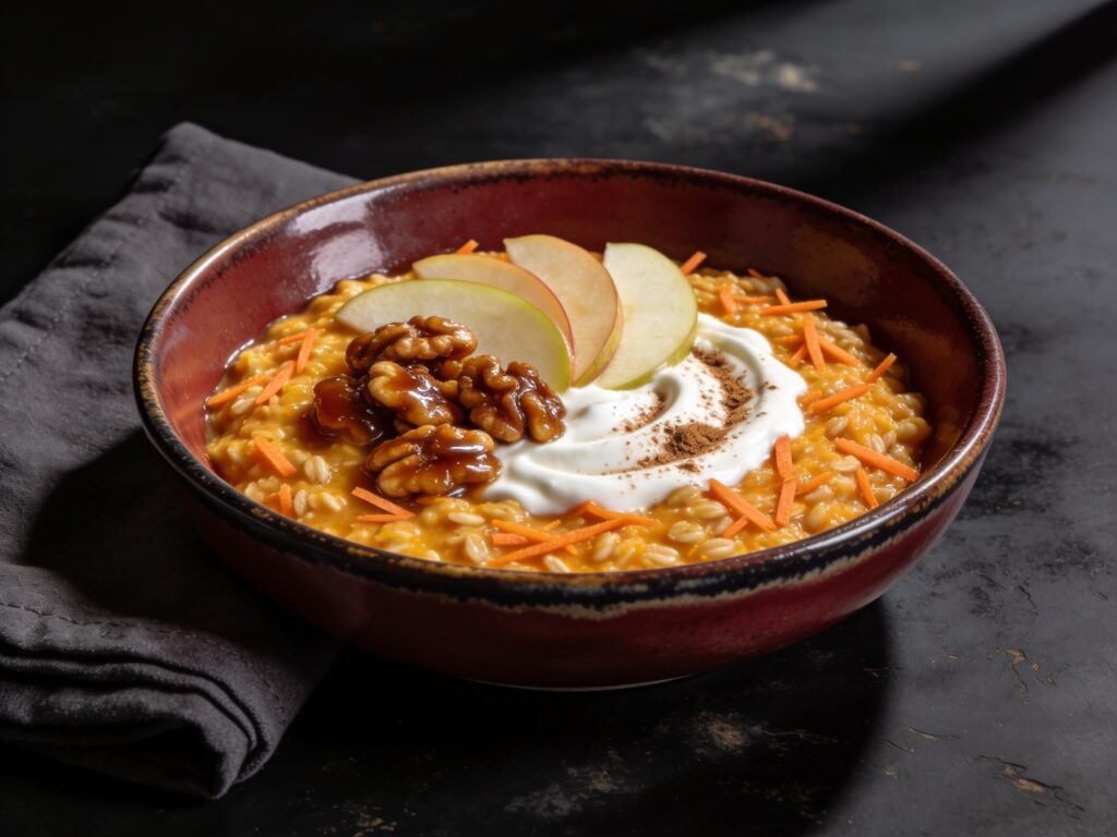 Carrot Cake Porridge mit glasierten Nüssen und Joghurt (Bild mit KI erstellt (Seedream 4.5))