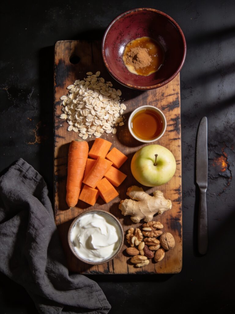 Carrot Cake Porridge mit glasierten Nüssen und Joghurt (Bild mit KI erstellt (Seedream 4.5))