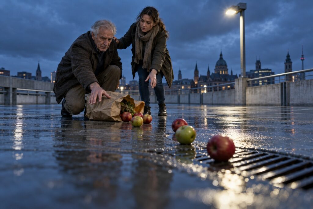 Auf einem nassen Parkdeck in der Abenddämmerung kniet ein alter Mann bei einer gerissenen Einkaufstasche, Äpfel rollen auf einen Abfluss zu, seine erwachsene Tochter beugt sich zu ihm und streckt eine Hand nach seiner Schulter aus.