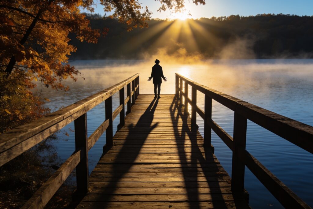 Am frühen Morgen steht eine Gestalt am Ende eines langen Holzstegs über einem nebligen See, die Hände offen vor dem Körper, und spricht zum leeren Wasser; der lange Schatten liegt auf den Brettern und zeigt zurück zum Ufer.
