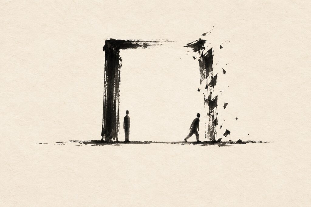 Expressive Sumi-e-Tuschezeichnung: Vor einem aufbrechenden Tuschetor tritt eine Gestalt zur Seite; eine durchgehende Bodenlinie verbindet beide Seiten des offenen weißen Raums.